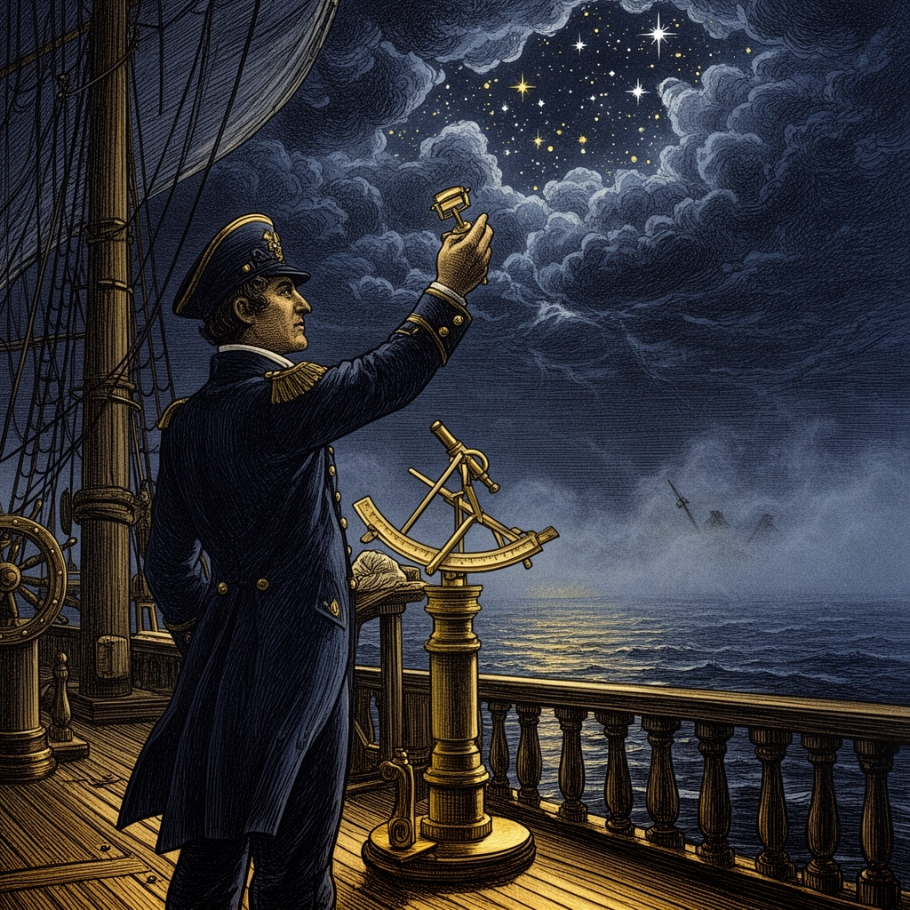 Officier de marine lisant les étoiles au sextant, nuit orageuse